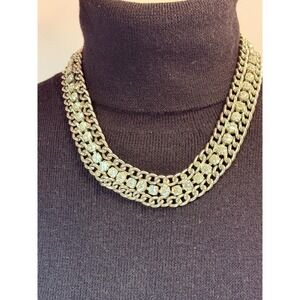 Vtg 90s Cookie Lee 3 Strand Curb Chain Necklace. Silver Tone Chunky Rhinestone